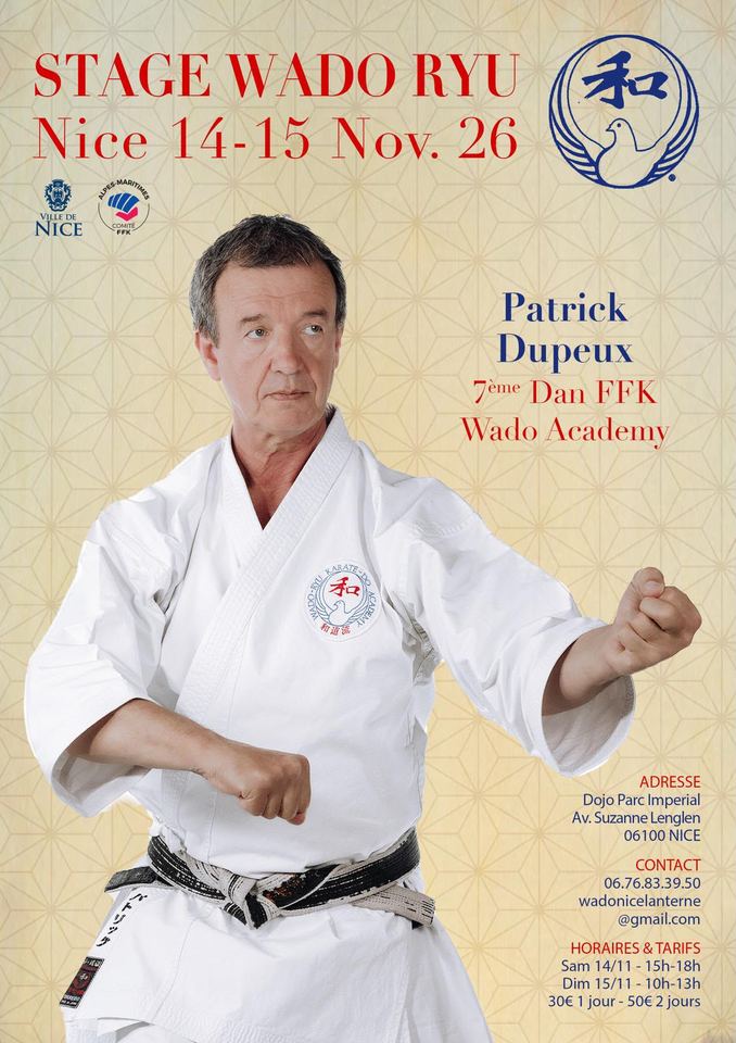 Affiche du stage Wado-Ryu Nice, 14-15 novembre 2026, avec Patrick Dupeux